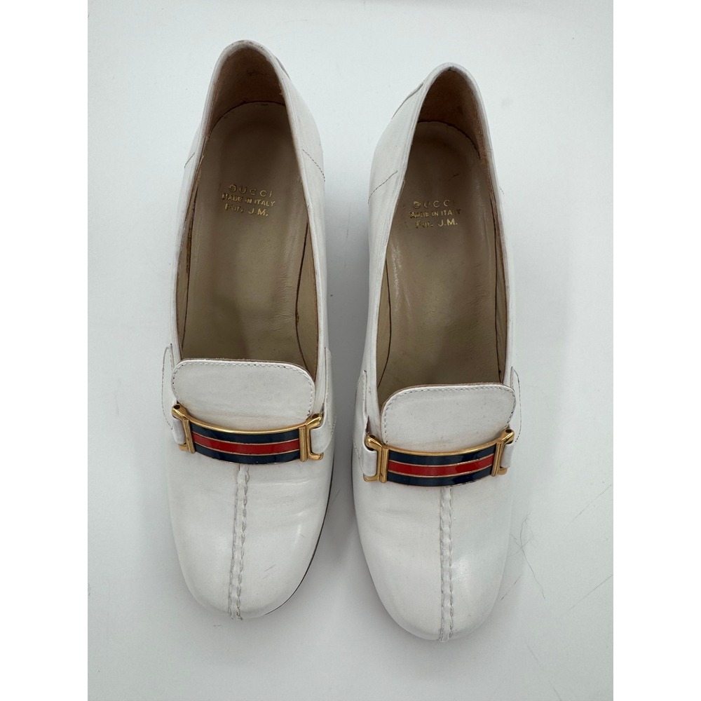 Gucci Vintage White Leather Block Heel Loafers Web Stripe Enamel Pumps IT 34 US4 - Picture 2 of 8